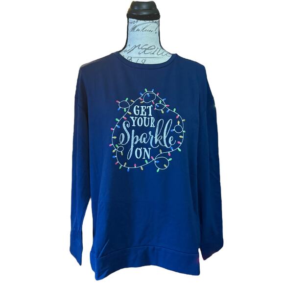 Ellen Tracy Navy Blue Get Your Sparkle Christmas Light Shirt Medium - Picture 1 of 4